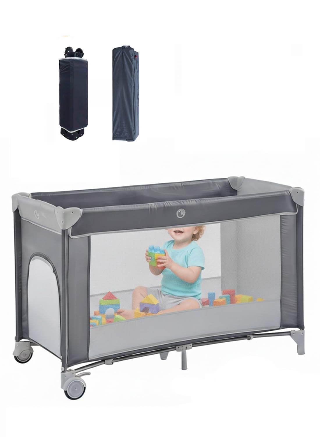 SHARPDO Portable/Foldable Baby crib with Wheels (Grey)