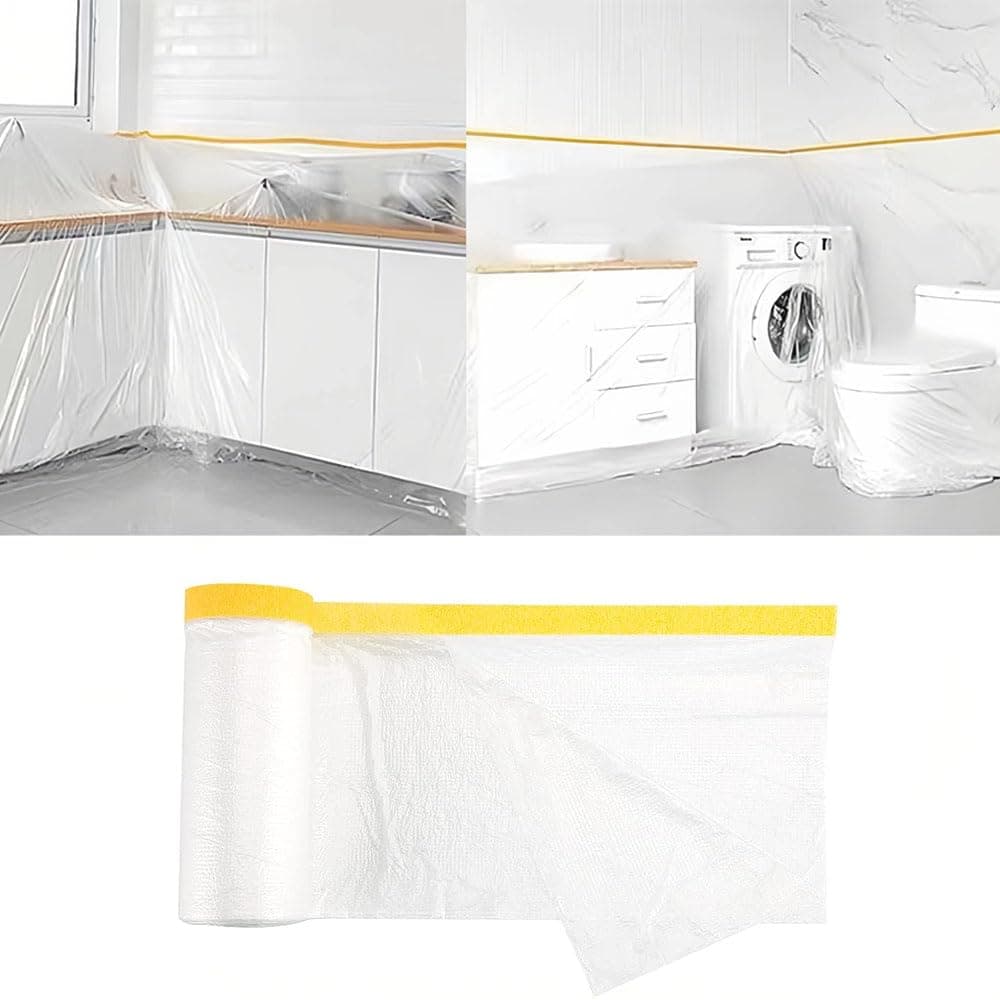 Goodern 4M x 20M Tape and Drape, Plastic Drop Cloth Plastic Sheeting with Masking Tape,Waterproof Dust-Proof Protective Masking Film,Prevent Dust Paint Cover for Car,Furniture,Carpet,Floor,Bed