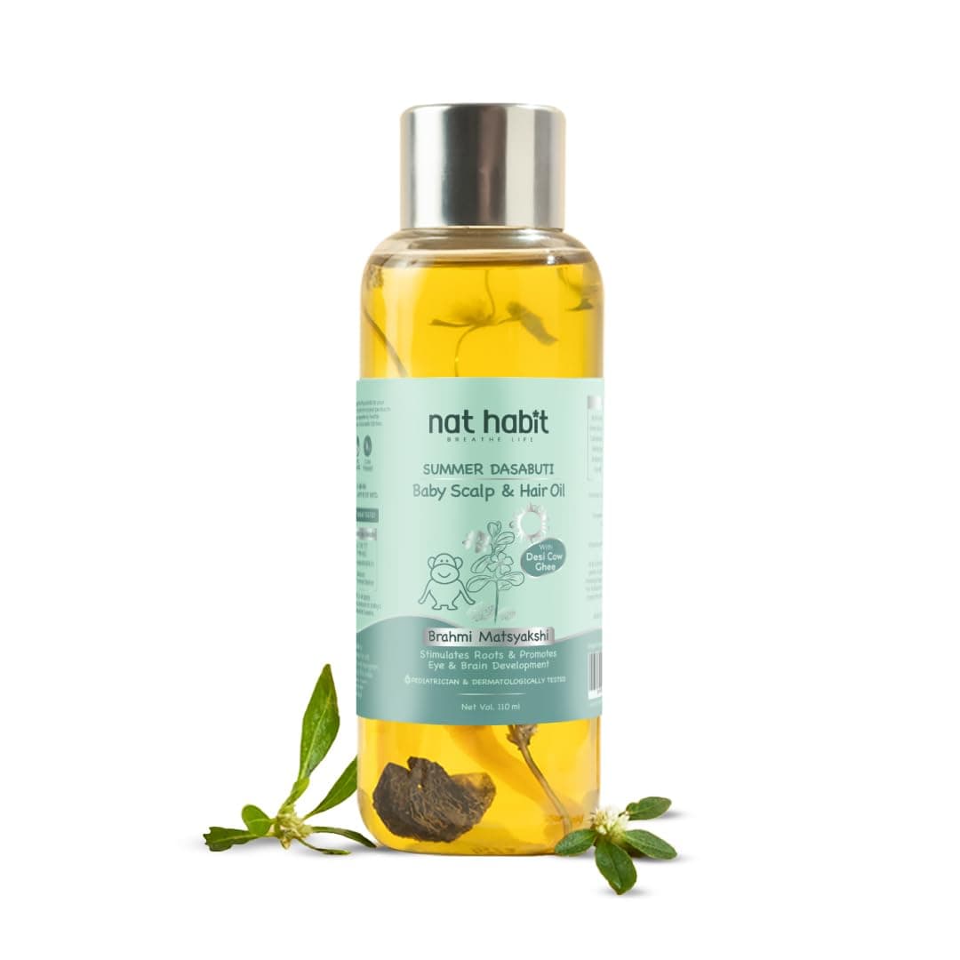 Nat Habit - Back To Natural Secrets Everyday Summer Baby Scalp & Hair Oil with Brahmi Matsyakshi Dasabuti, Cools Body & Aids Good Sleep 110ml