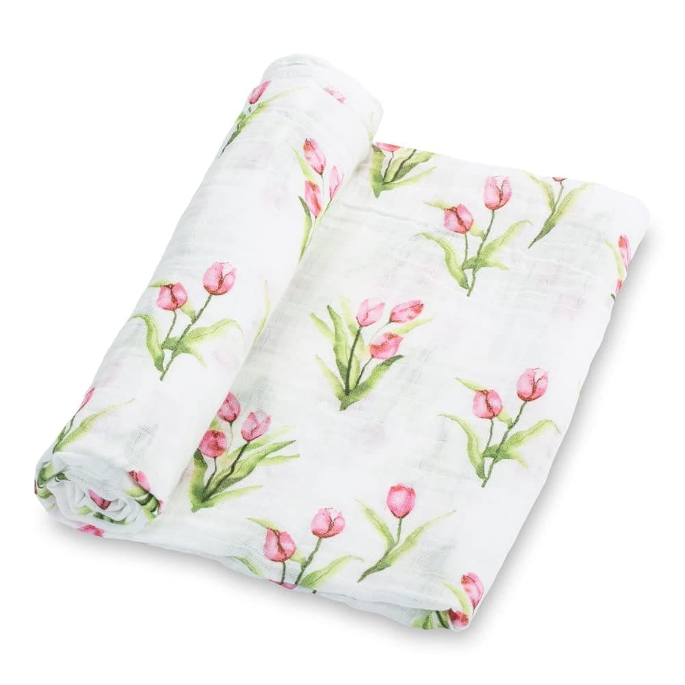 LollyBanks Swaddle Blanket | 100% Muslin Cotton | Newborn and Baby Nursery Essentials for Girls, Registry | Tulip Flower Print