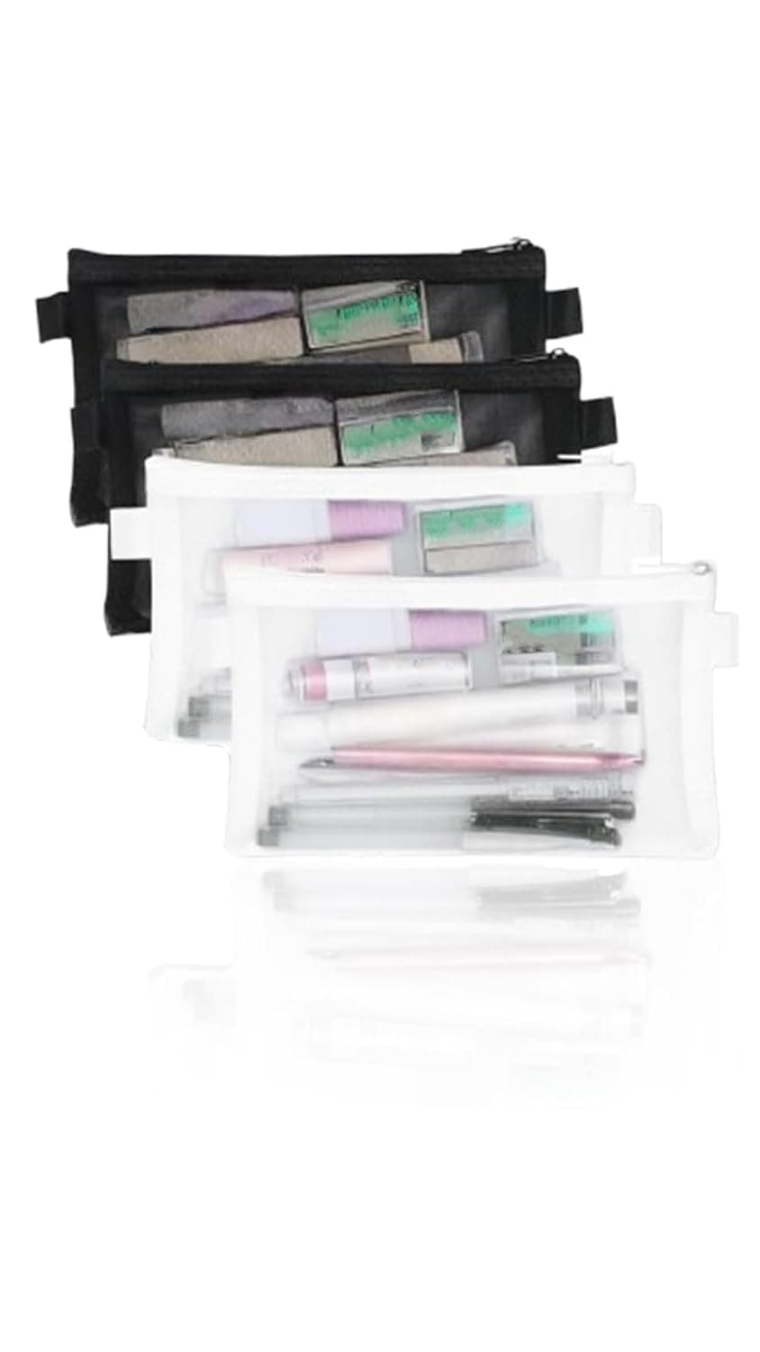 Sweet seven Clear Mesh Zipper Pencil Case Set - 4 Piece Exam Stationery Organizer for Students and Makeup Storage for Women(2 White and 2 Black)