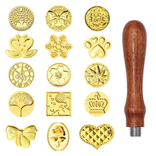 15PCS Wax Seal Stamp Kit with Various Patterns Classic Sealing Wax Stamp Heads with a Wooden Handle for Gift Wrapping Wedding Invitation Envelopes Letters