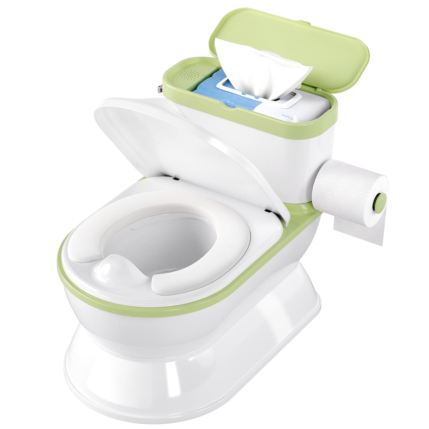 CheerTry Toddler Potty Training Toilet, Larger Potty Chair, Detachable Seat | Suitable for Boys & Girls Ages 1-3, with Flushing Sound, Wipes Storage, Toilet Lid & Toilet Paper Holder - Green