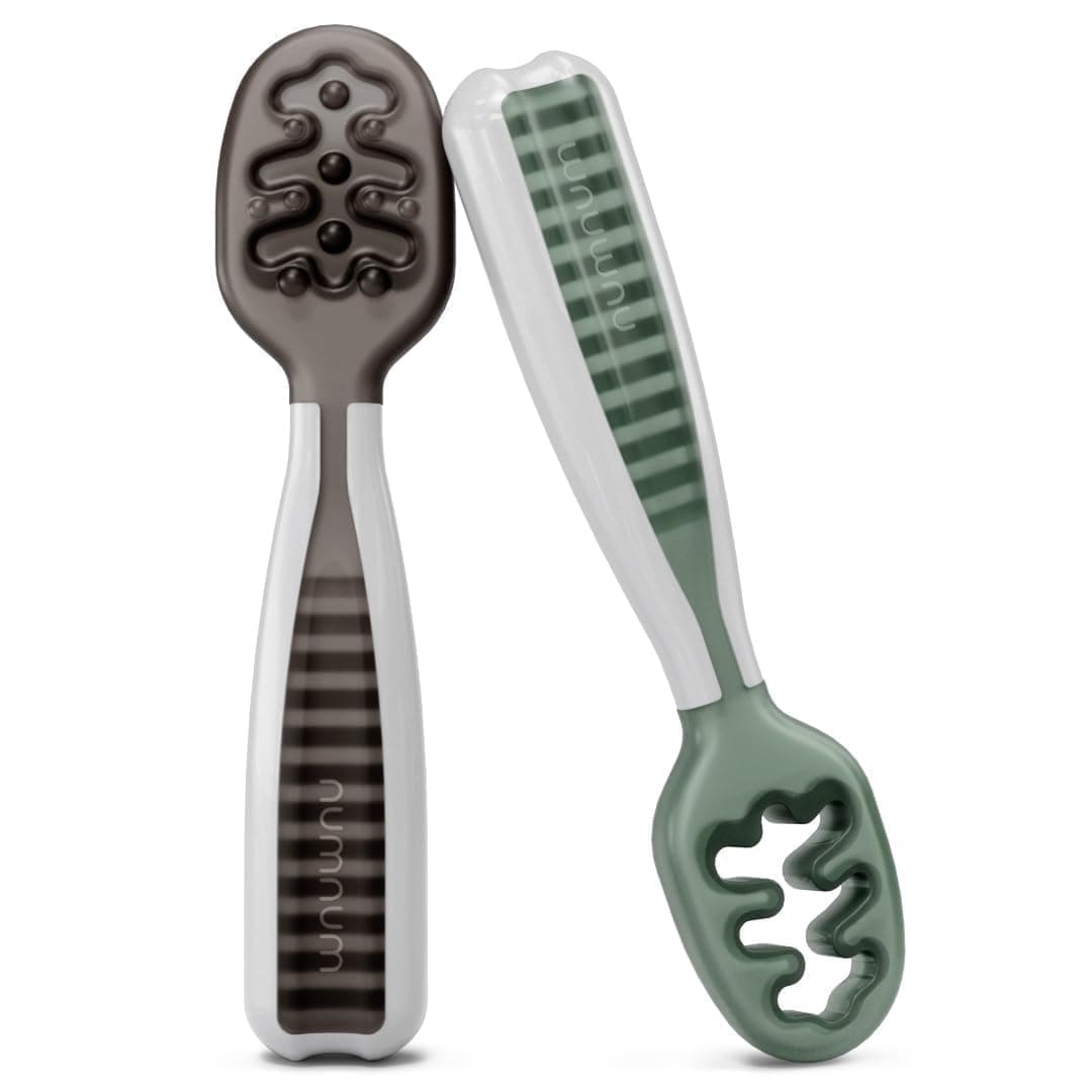 NumNum Baby Spoons Set, Pre-Spoon GOOtensils for Kids Aged 6+ Months - First Stage, Baby Led Weaning (BLW) Teething Spoon - Self Feeding, Silicone Toddler Food Utensils - 2 Spoons, Gray/Green