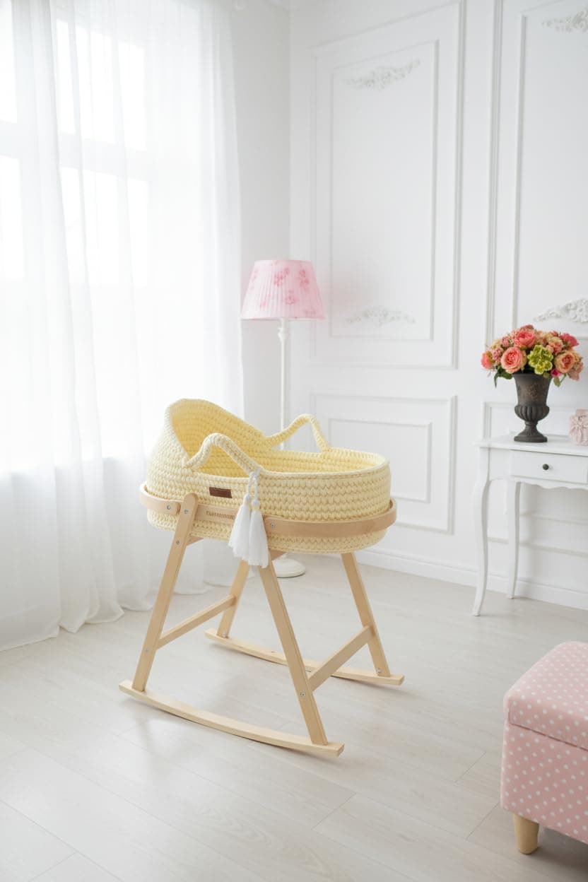 Fun Moment Crocheted Newborn Basket with Mattress Rocking Base for Comfort and Safety for Your Baby Sleeping Travel and Daily Use 76x40x20cm (Beige)