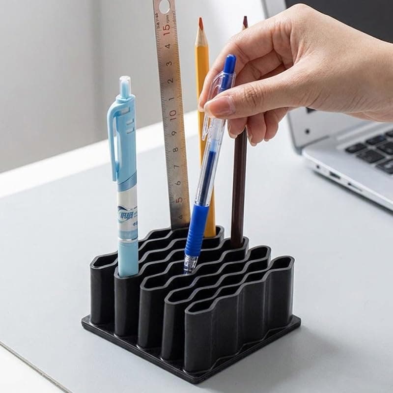 Wave Design Desk Organizer and Tube Holder for Makeup Brushes, Pencils, and Markers, Flexible TPR Countertop Storage Stand for Bathroom Vanity and Office, Black, 3 x 3 x 1.1 Inches