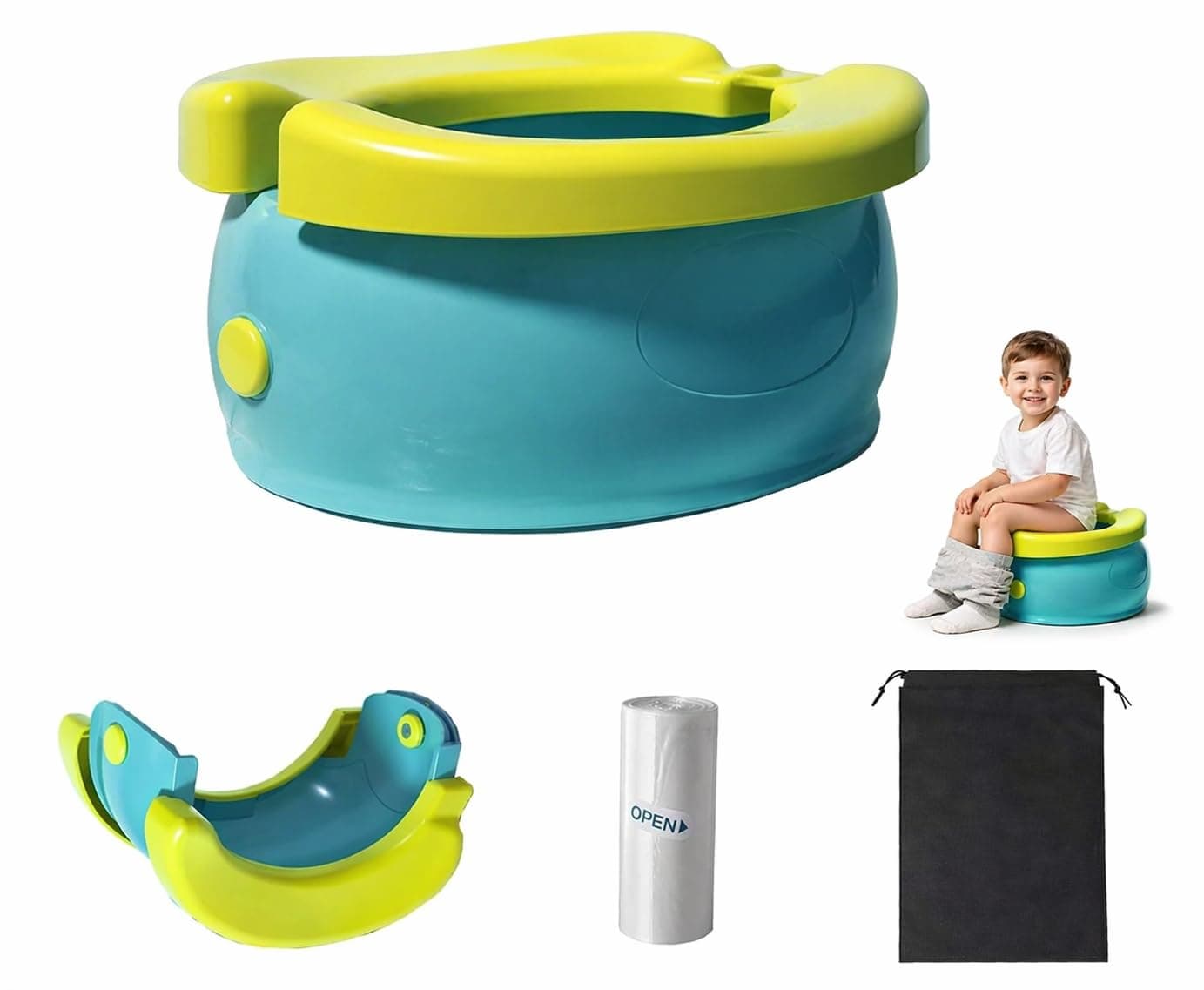 SKY-TOUCH Portable Potty for Toddler, Foldable Travel Potty Training Seat for Kids Boys Girls, Emergency Toilet for Car, Camping, Indoor/Outdoor, Easy to Clean, with 20 Disposable Bags (Green)