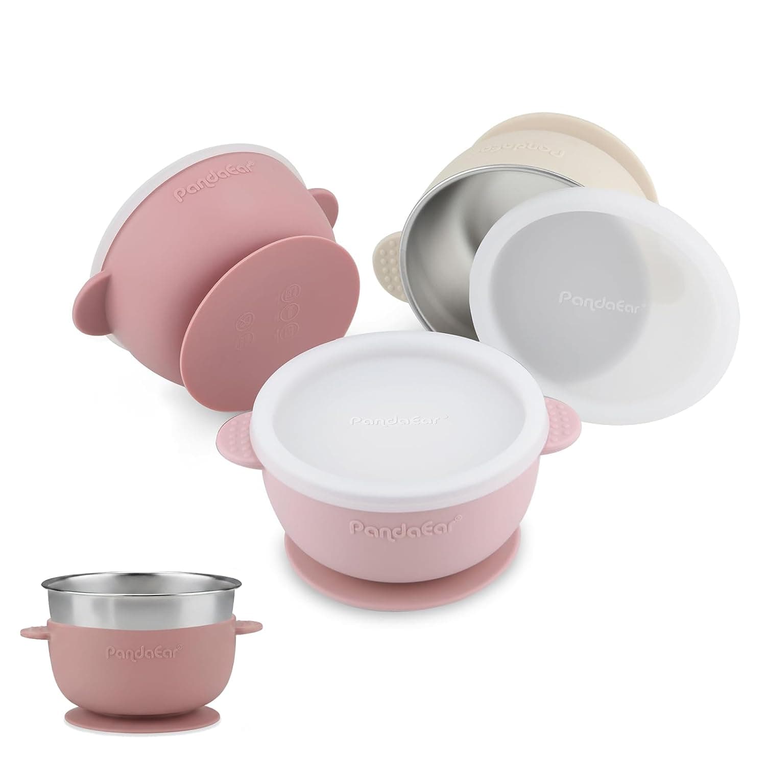 PandaEar 3-Piece Set Stainless Steel Baby Bowls with Suction Cup and Lid – Baby Food Bowl, Non-Slip Baby Bowls with Silicone Cover, Unbreakable & BPA-Free, Children's Bowl from 6 Months