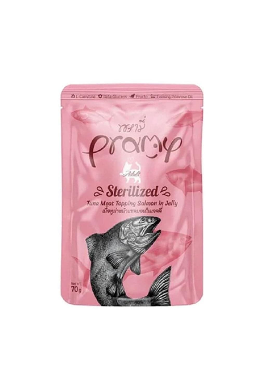 Pramy Sterilized Cat Wet Food with Tuna Topping Salmon in Jelly for Adults- 70g