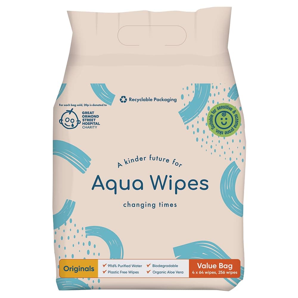 Aqua Wipes Originals Baby Wipes - Vegan Friendly Biodegradable Natural Wipes - 99.6% Purified Water Dermatologically Tested Eco Wipes - Organic Wipes with Aloe Vera Leaf Extract - Bundle of 4 packs