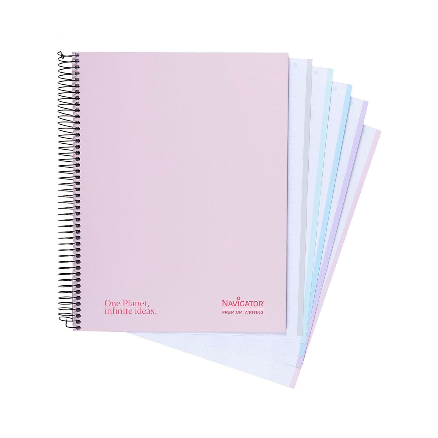 Navigator | A4+ Line Notebook | Extra Hard Cover | Pastel Pink | 5 Colours Border | 80 g Paper | 120 Sheets Microperforated 4 Holes | Spiral Lock Closure | Premium Quality Paper