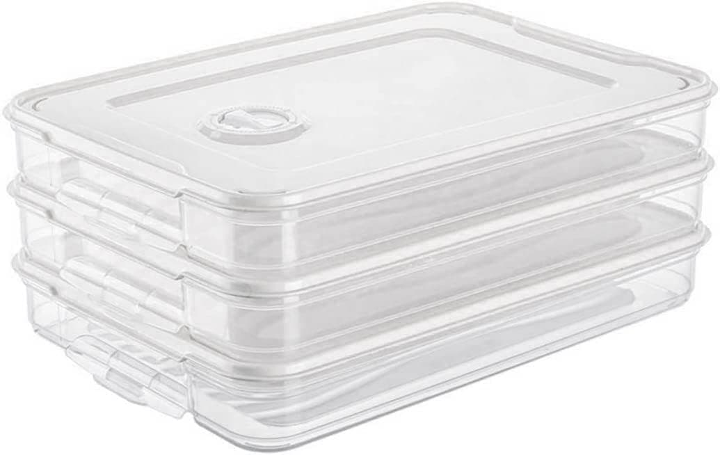 3Pcs Transparent Plastic Food Storage Boxes, Stackable 3-Layer Fridge Freezer Crisper, Airtight Slim Food Container Organizer Tray for Refrigerator Kitchen Pantry