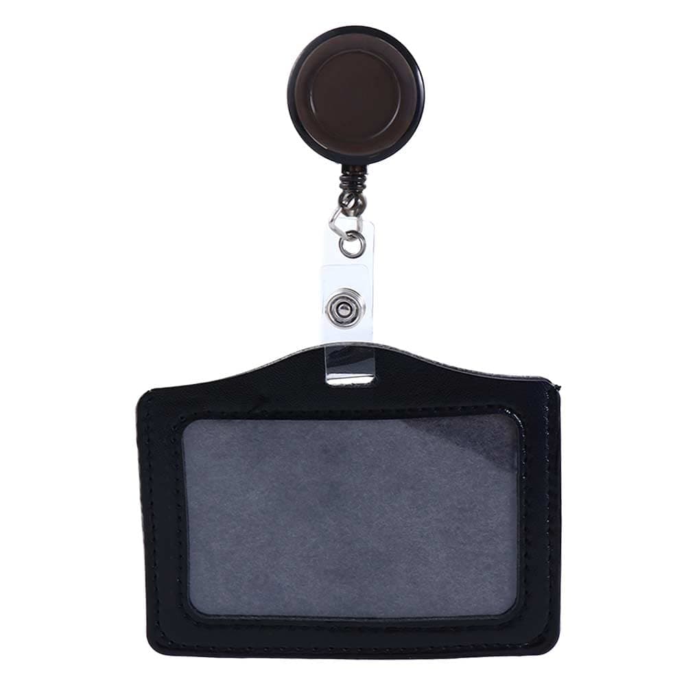 ID Badge Holder Office School Supplies Name Card Holder PU Leather Candy Colors Card Holder Clip Horizon Style(Black)