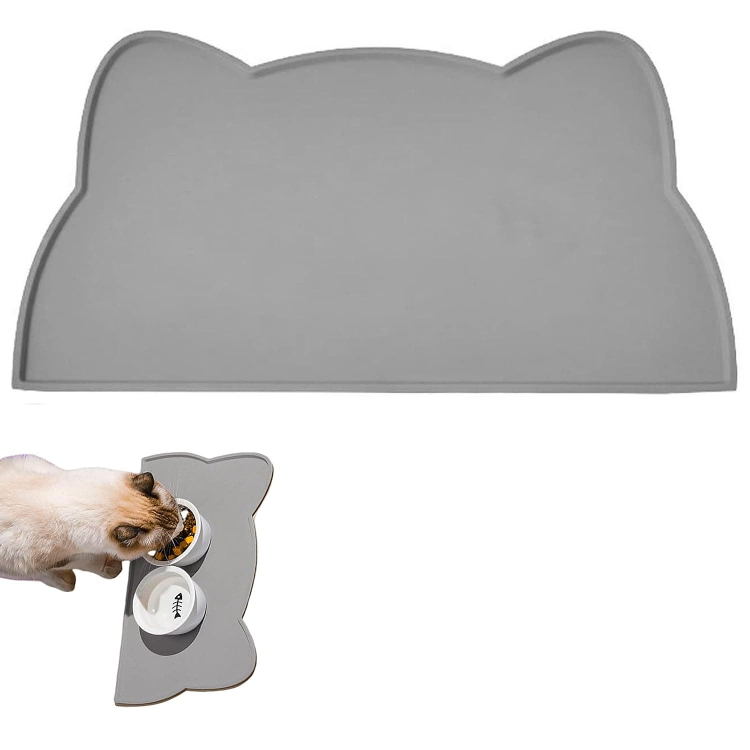 Pet Food Mat, Pets Silicone Bowl Mats, Pets Feeding Mats, Waterproof Dog Cat Pet Place mat Premium Silicone FDA Grade Non-stick Non Slip Anti Spill Easy Clean, Gray