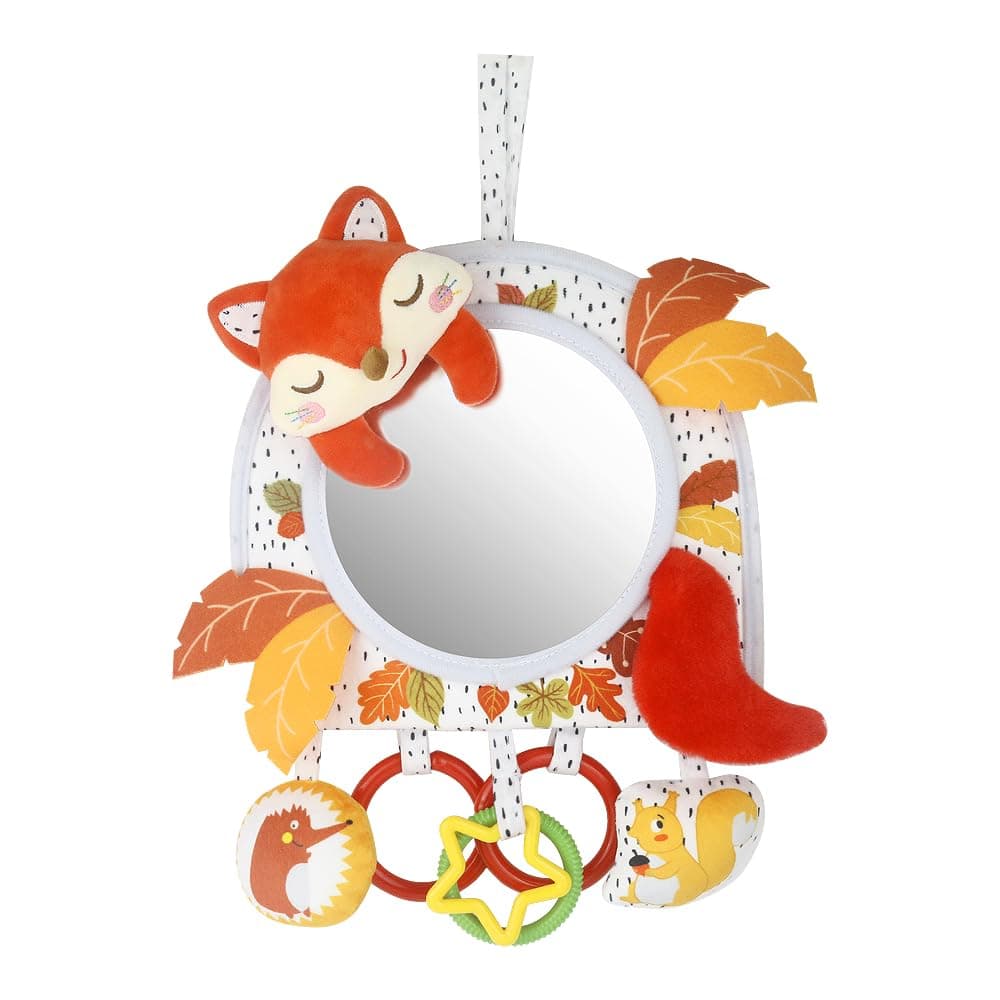 Baby Activity Hanging Toy with Mirror, With Rattles and Crinkle Sounds, Adjustable for Car Seats, Strollers, Cribs, and Tummy Time (Fox)