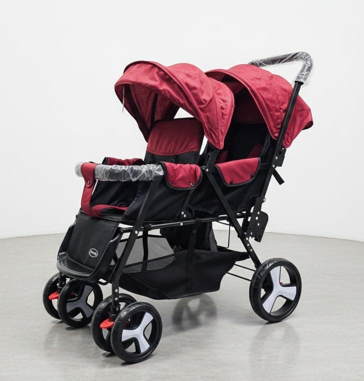 Nephrine Double Folding Stroller – Comfortable Seats with Independent Canopies, Storage Basket, Suitable for 2 Kids (Red)