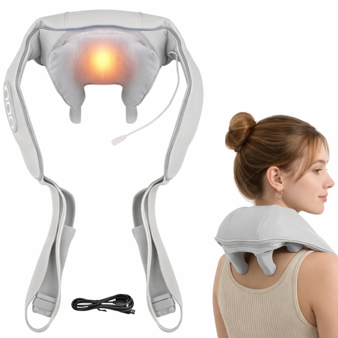 MB® Electric Neck and Shoulder Massager with Heat, Rechargeable, Shiatsu-Style Deep Tissue Massage, Neck Massager with Adjustable Straps, 2 Heat Levels, Portable Relaxation Massager (Light Grey)