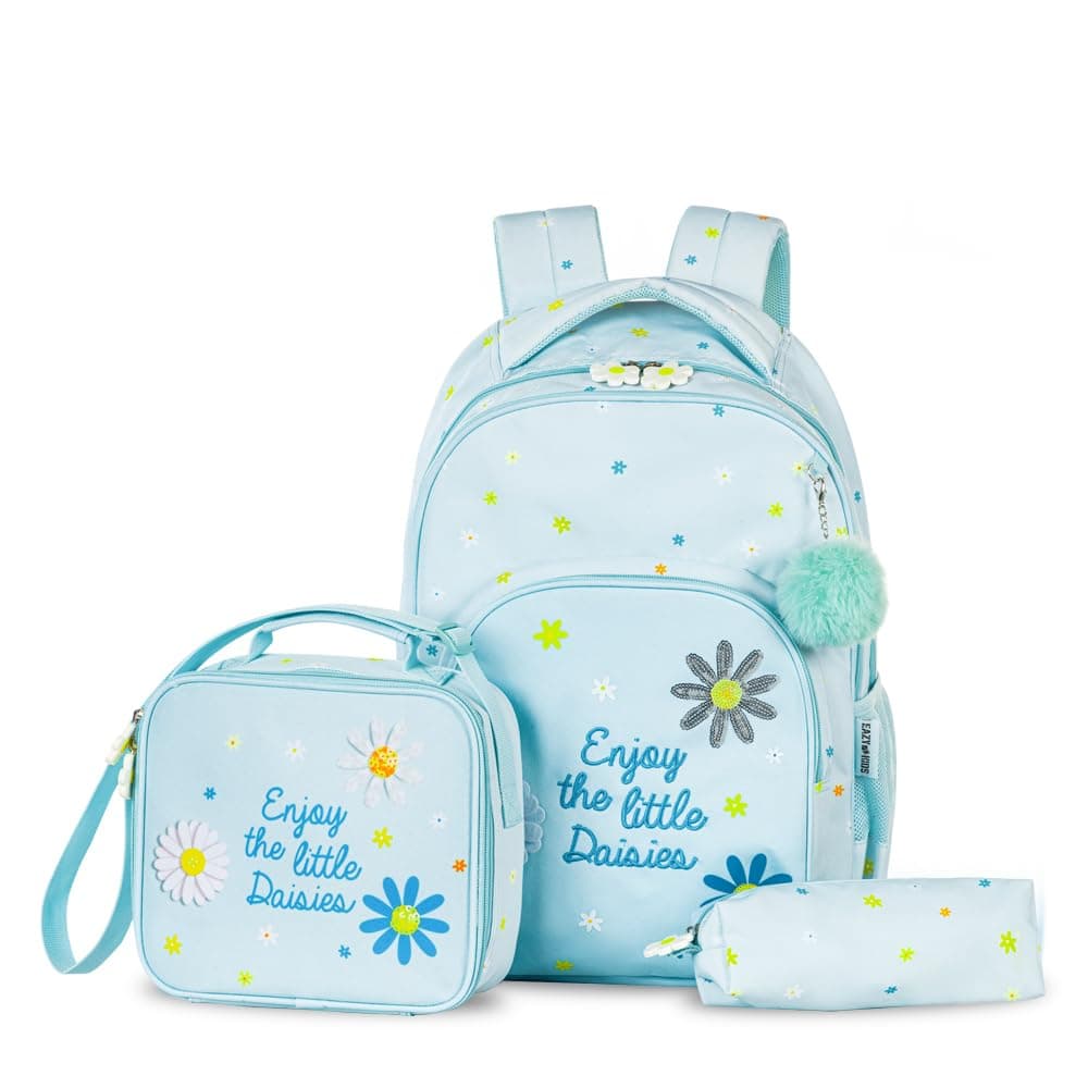 Eazy Kids 17" School Bag Set of 3 w/Lunch Bag and Pencil Pouch - Little Daisy Green