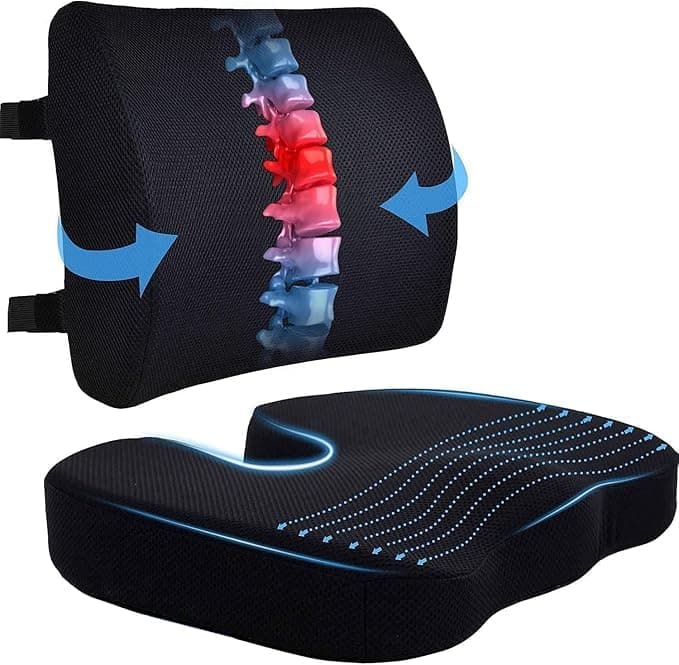 Memory Foam Seat Cushion and Lumbar Support Pillow Set, for Office Chair, Car and Wheelchair, Sciatica and Tailbone Pain Relief, 3D Mesh Washable Cover, Adjustable Strap