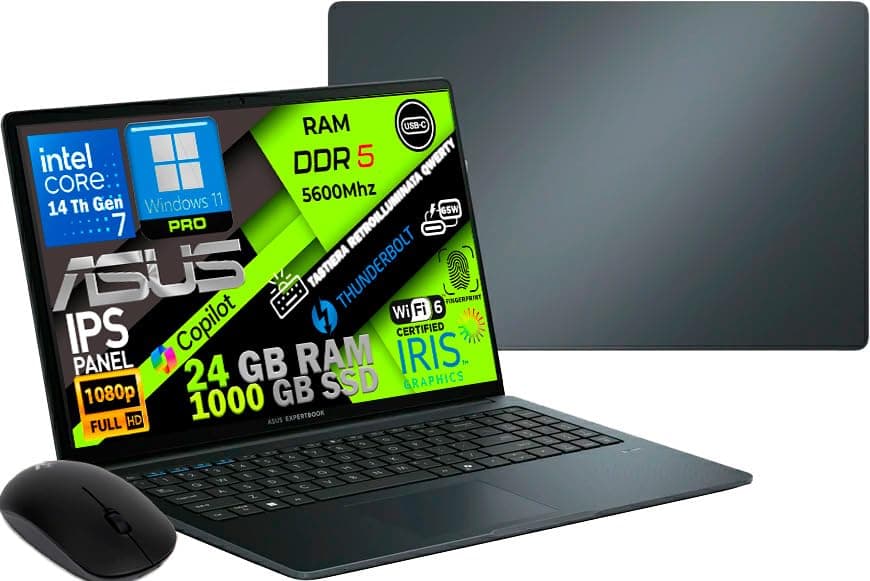 ASUS ExpertBook 15.6" Intel Core 7-150U14ª Gen 10-Core Notebook up to 5GHz, 24GB RAM DDR5, 1TB SSD, Win11 Pro, WiFi6E, Thunderbolt, HDMI, Backlit Keyboard, QWERTY, Fingerprint