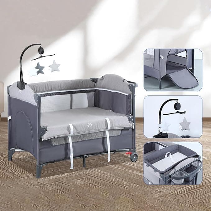 3 in 1 Multifunctional Baby Crib, Bedside Sleeper Portable Travel Bassinet, Adjustable Height Breathable Mesh Playard with Diaper Changer, Easy Install Baby Crib for Infant, Grey