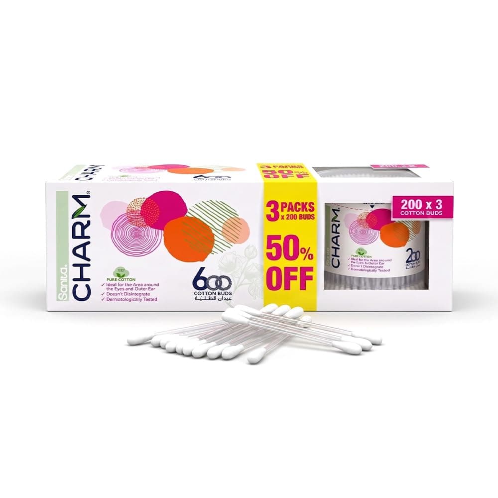 Sanita Charm 100% Cotton Buds, 600 (200x2+1) buds