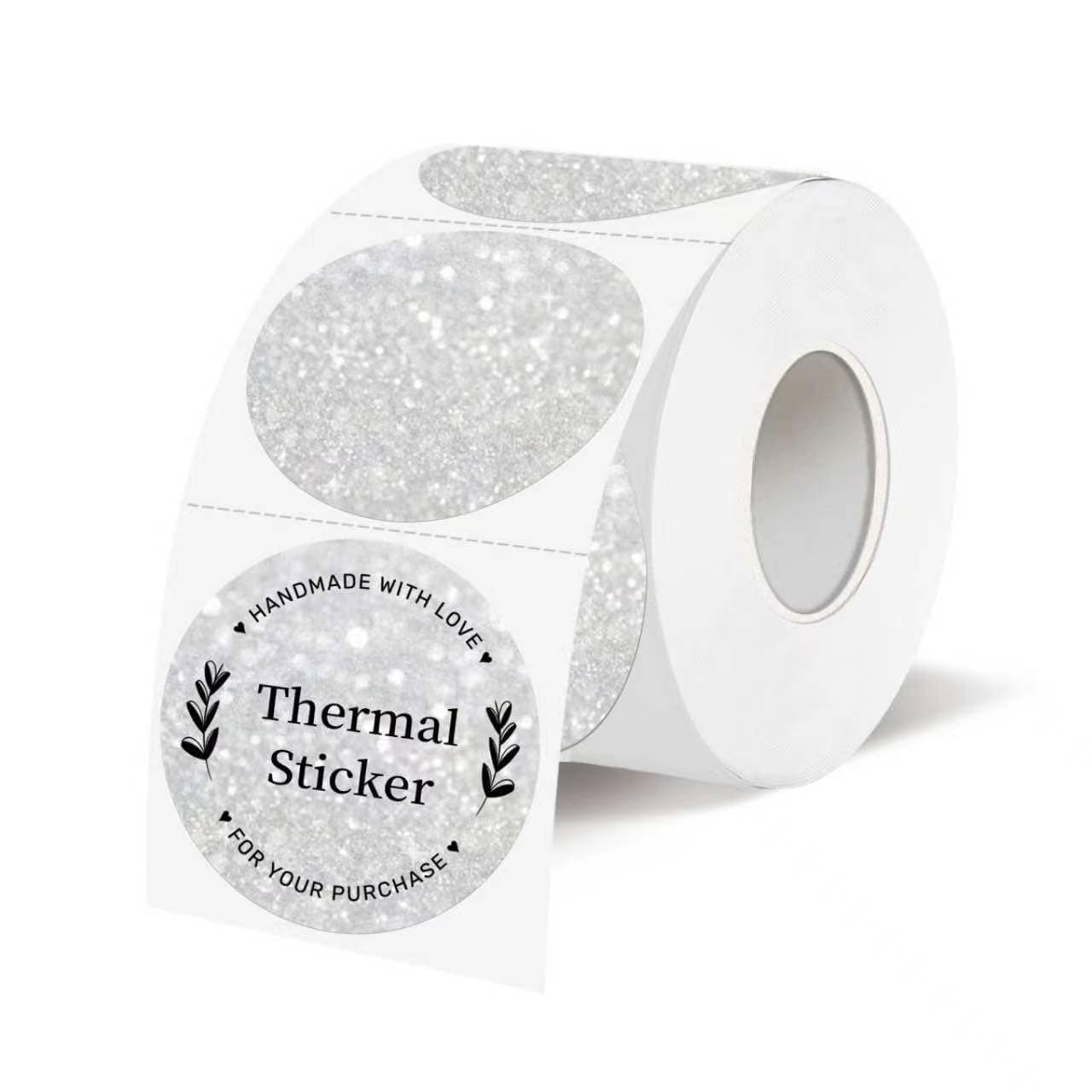 Silver Thermal Label Stickers, 1.5inch Holographic Round Thermal Label Stickers, Glitter Silver Thermal Printer Sticker Labels for Gift Wrapping, Self-Adhesive Custom Logo Design