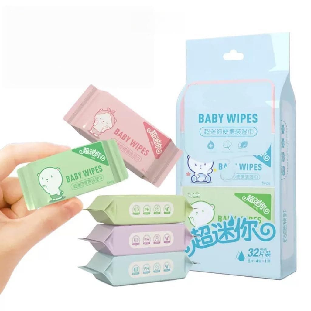 Cleaning Wet Wipes, Skin-Friendly Travel Mini Wet Wipes, Hypoallergenic and Unscented for Adults, Kids and Baby Care (4 Pack Total 32 Wipes)