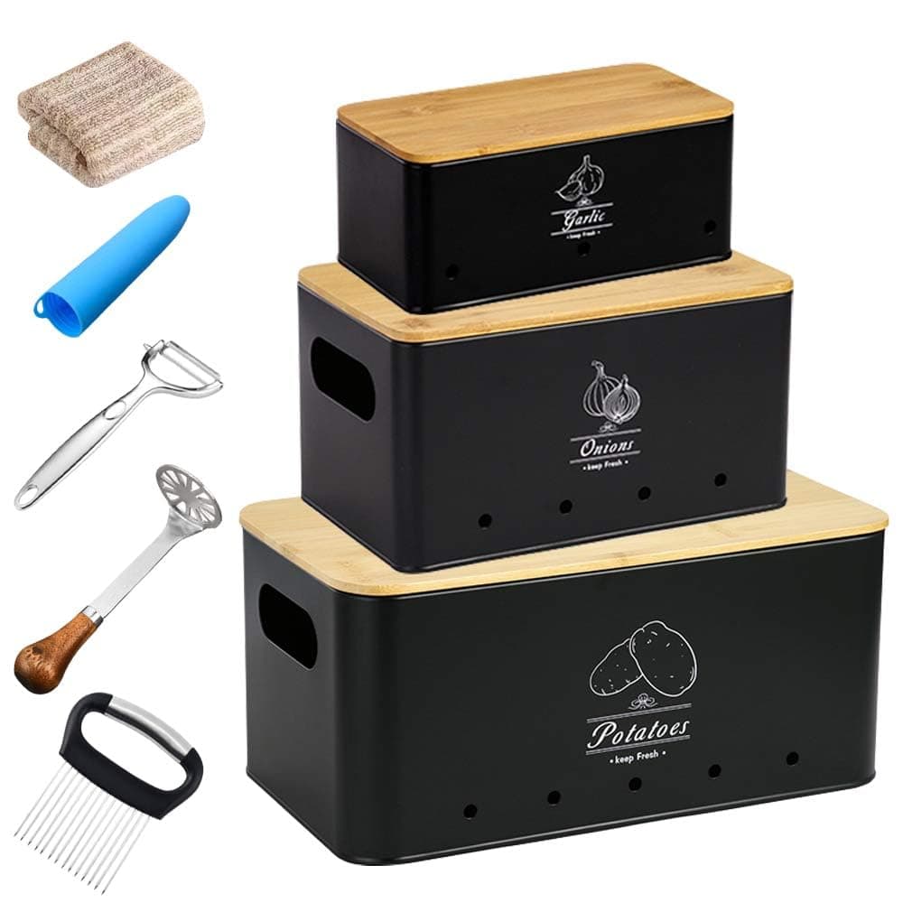 8PCS Kitchen Vegetable Storage Containers,Potato and Onion Garlic Storage Bin with Peeler,Slicer,Masher,Garlic Press & Cloth, Carbon Steel Potato Storage Box with Airflow & Wooden Lid (Black) | Stackable vegetable bins save counter space; Ventilated design keeps root veggies fresh. Free 5-in-1 kitchen prep tool kit.