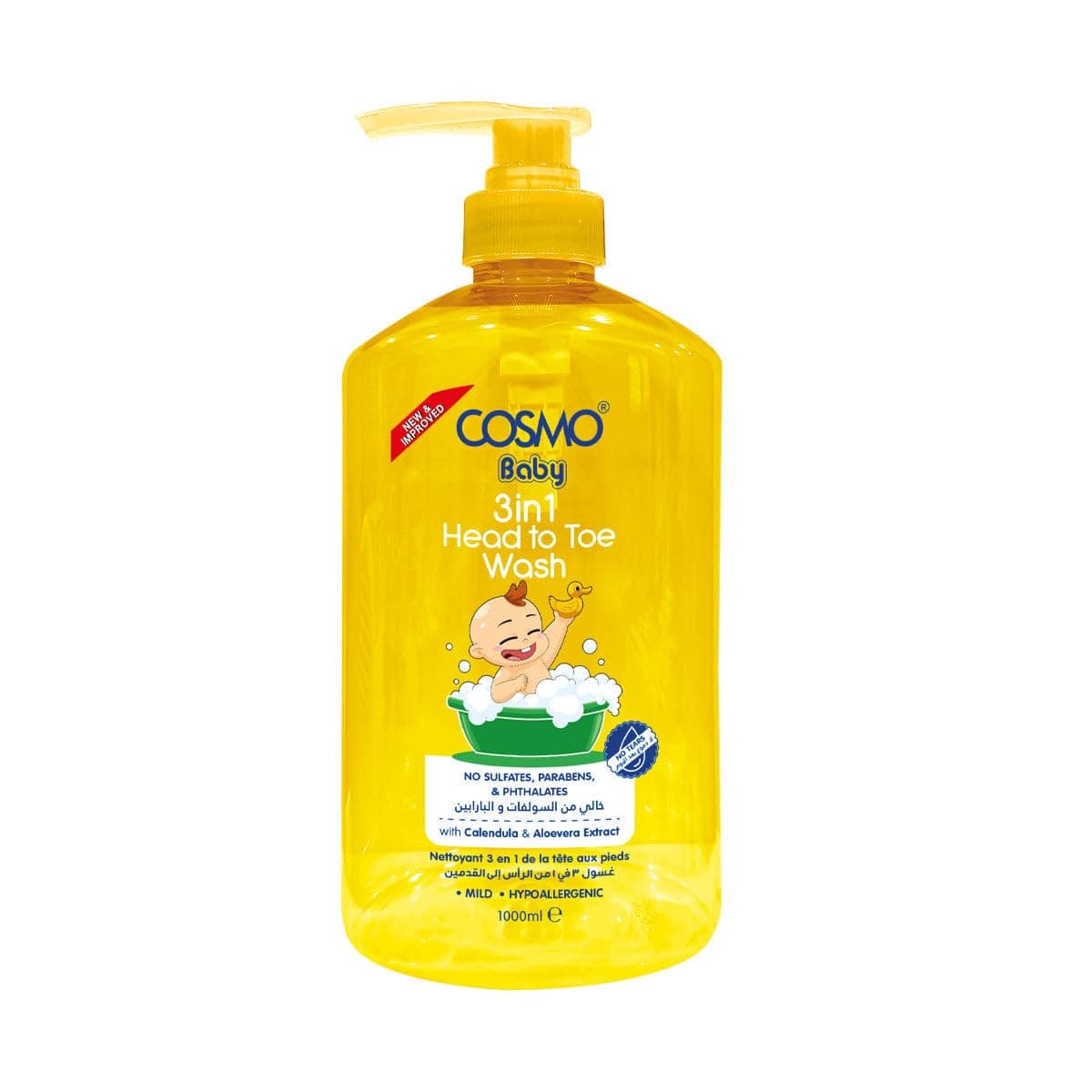 Cosmo Baby Care 3 in 1 Head To Toe Wash 1000ml, Best for Sensitive Skin, Tear Free, Sulfates Free, Parabens Free, Phthalates Free, Daily Use, All Skin Types, New Born Baby, Baby Skin Care, Body Wash