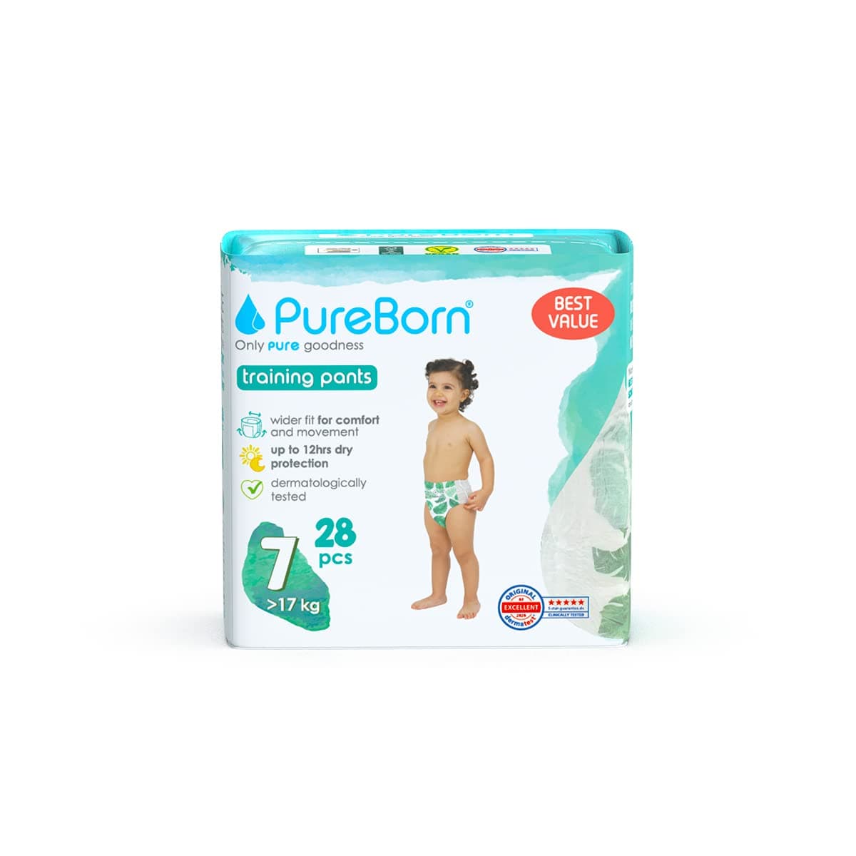PureBorn Baby Dry Pull Up Diapers/Nappy Pants Suitable for Babies |Size -7 |Twin Pack|28 Pieces|Superior Upto 12 Hours Day & Night Protection|Dermatologically tested|Super Soft|Skin Friendly