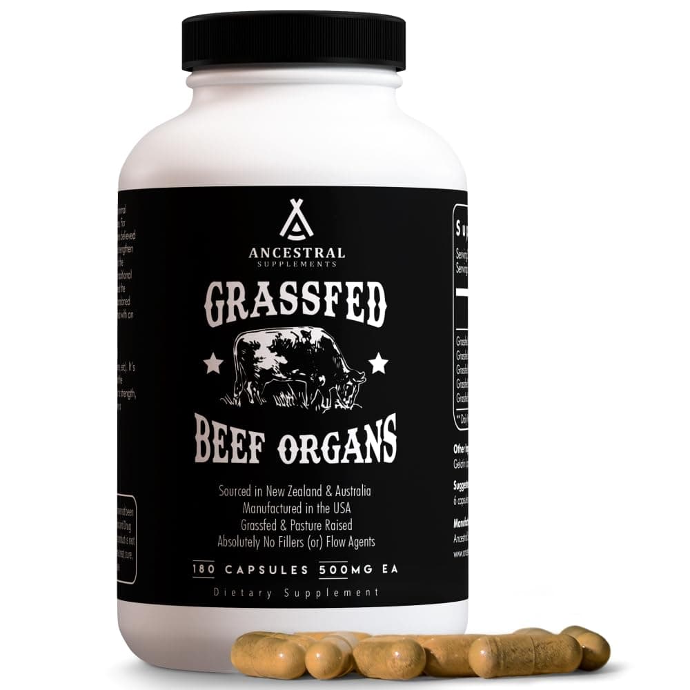 Ancestral Supplements Grass Fed Beef Organs (Desiccated) — Liver, Heart, Kidney, Pancreas, Spleen (180 Capsules)