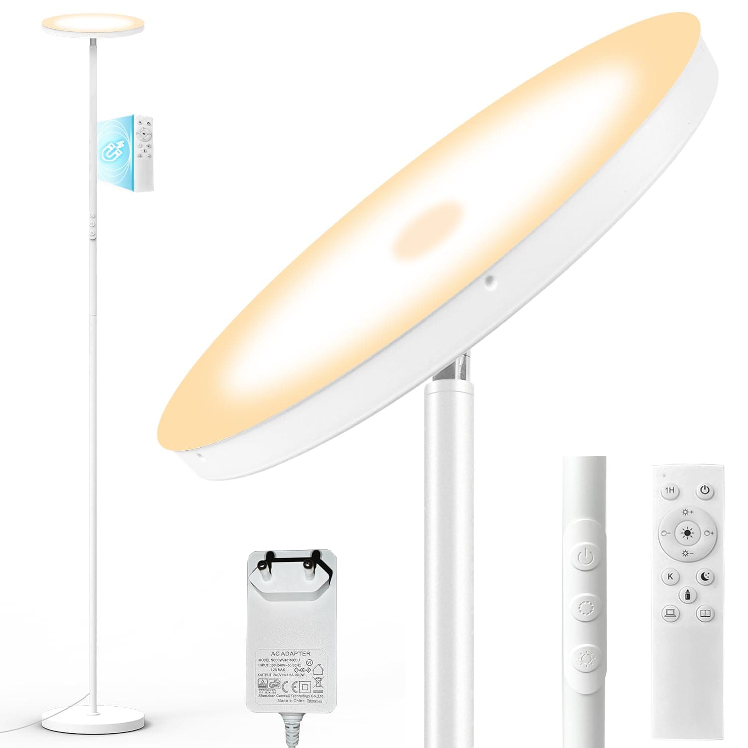 White LED Floor Lamp, 3600LM 36W Uplighter Dimmable Floor Lamp Living Room 2700K-6500K Continuous Dimming, Remote Control and Touch Control, Modern Floor Lamp for Living Room, Bedroom, Office
