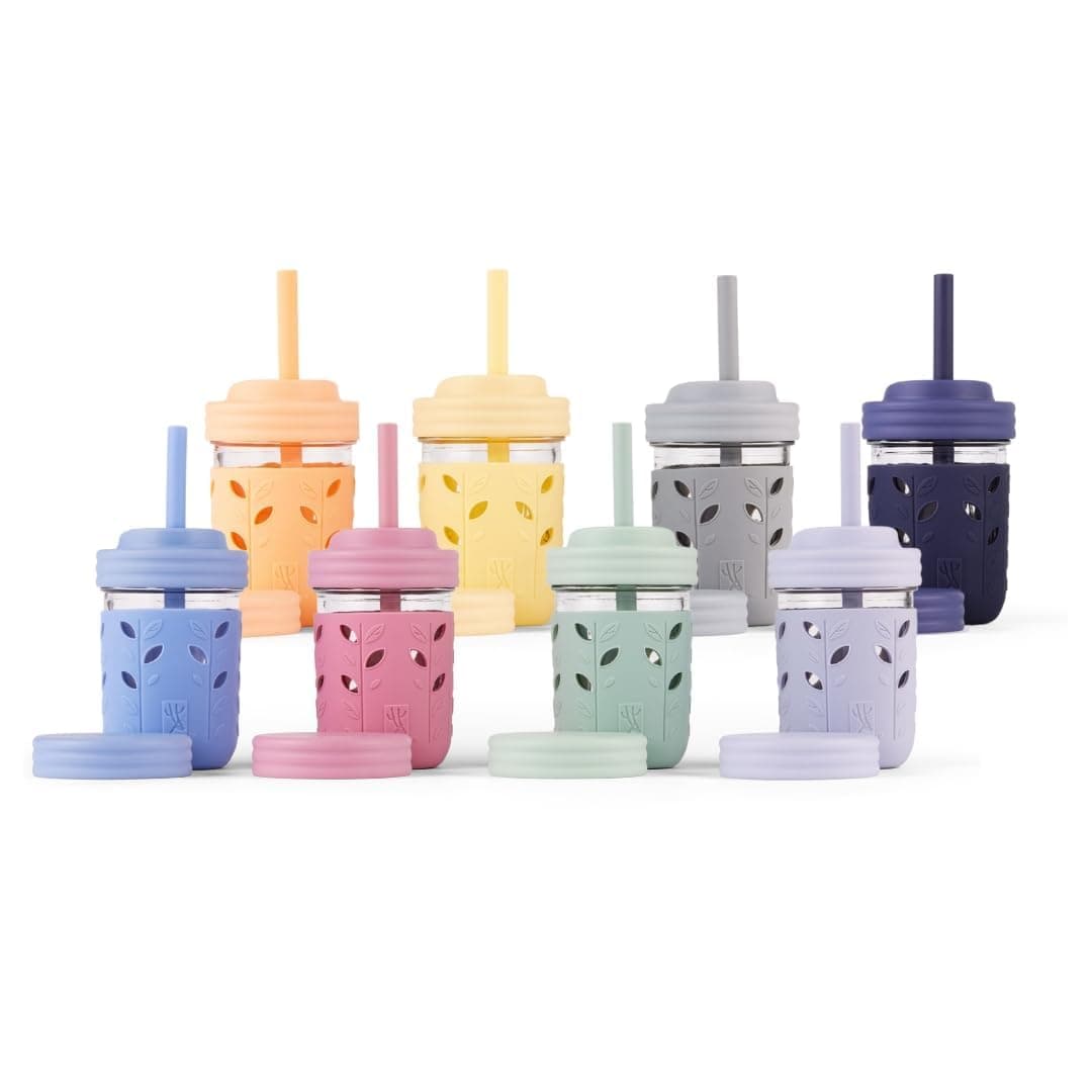 Elk and Friends Kids + Toddler Glass Cups | The Original 8oz Glass Mason | Silicone Sleeves | Straws with Stoppers | Food Storage | Spill Resistant | Dishwasher Safe | Perfect for Smoothies