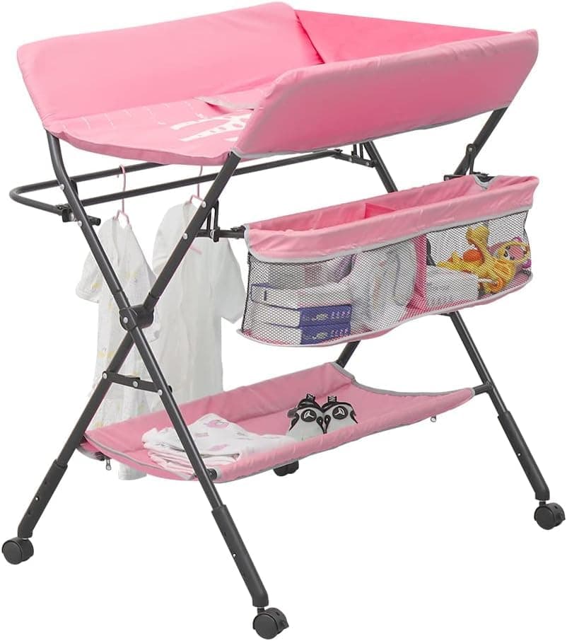Gogoya Baby Changing Table with Wheels, Folding Baby Diaper Changing Tables, 5 level Height Adjustable Infant Care Station with Storage Shelf, Newborn Massage Tables Diaper Organizer (Pink)