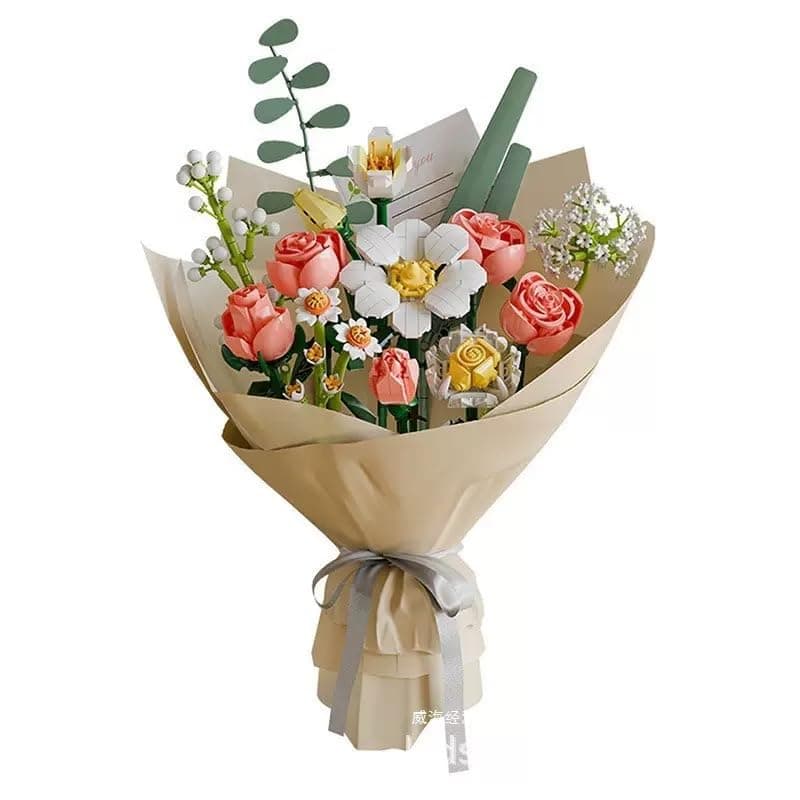 Flowers Bouquet Building Sets with Packaging Paper and Ribbon, Roses Botanical Collection Building Block Toy for Adults and Kids, Home Office Decor Gift for Mother's Day - 864 PCS