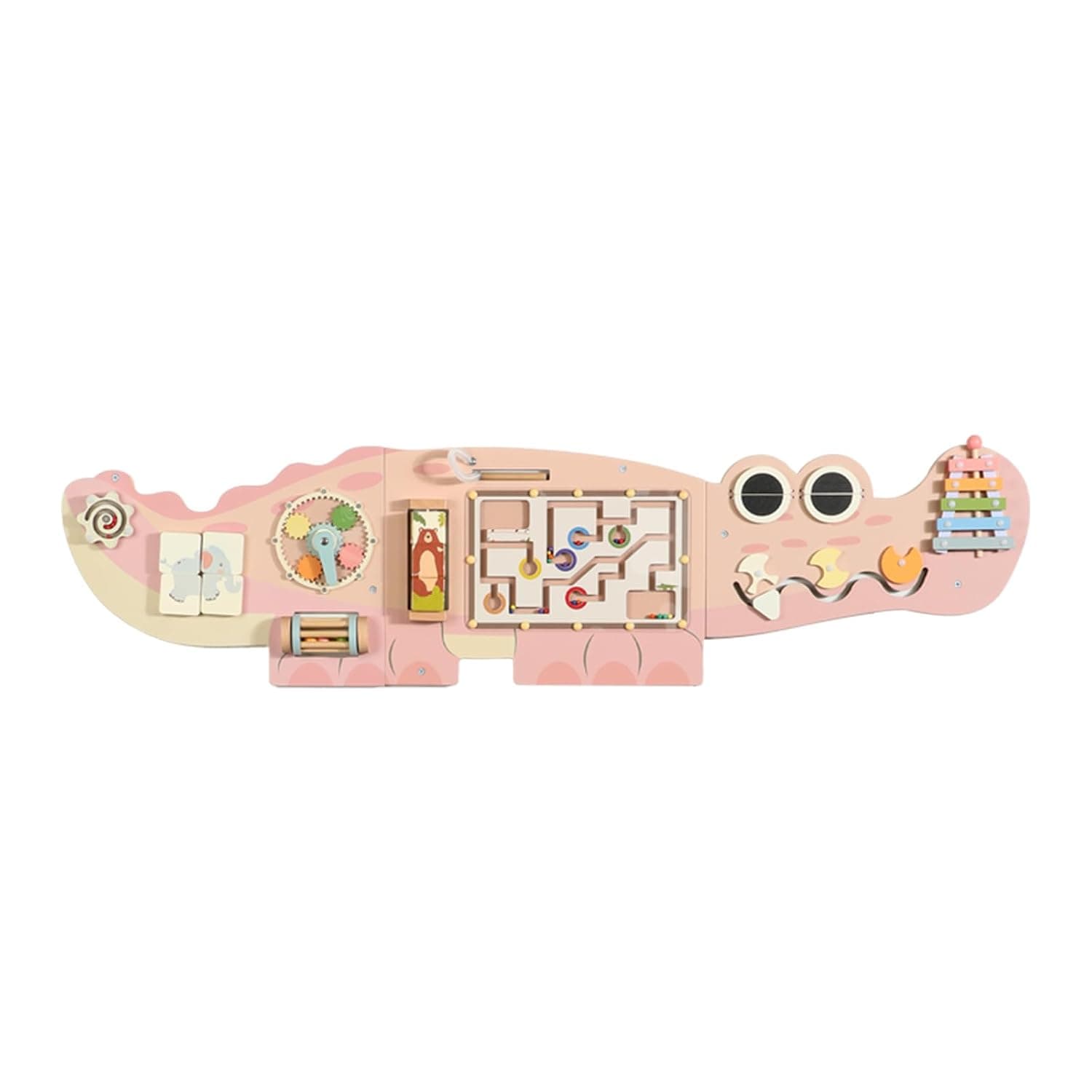 Alligator Activity Wall Busy Board 9-in-1 Wooden Sensory wall board for children, the Montessori Learning Activity Center is perfect for a toddler playroom, day care, nursery, classroom (Pink)