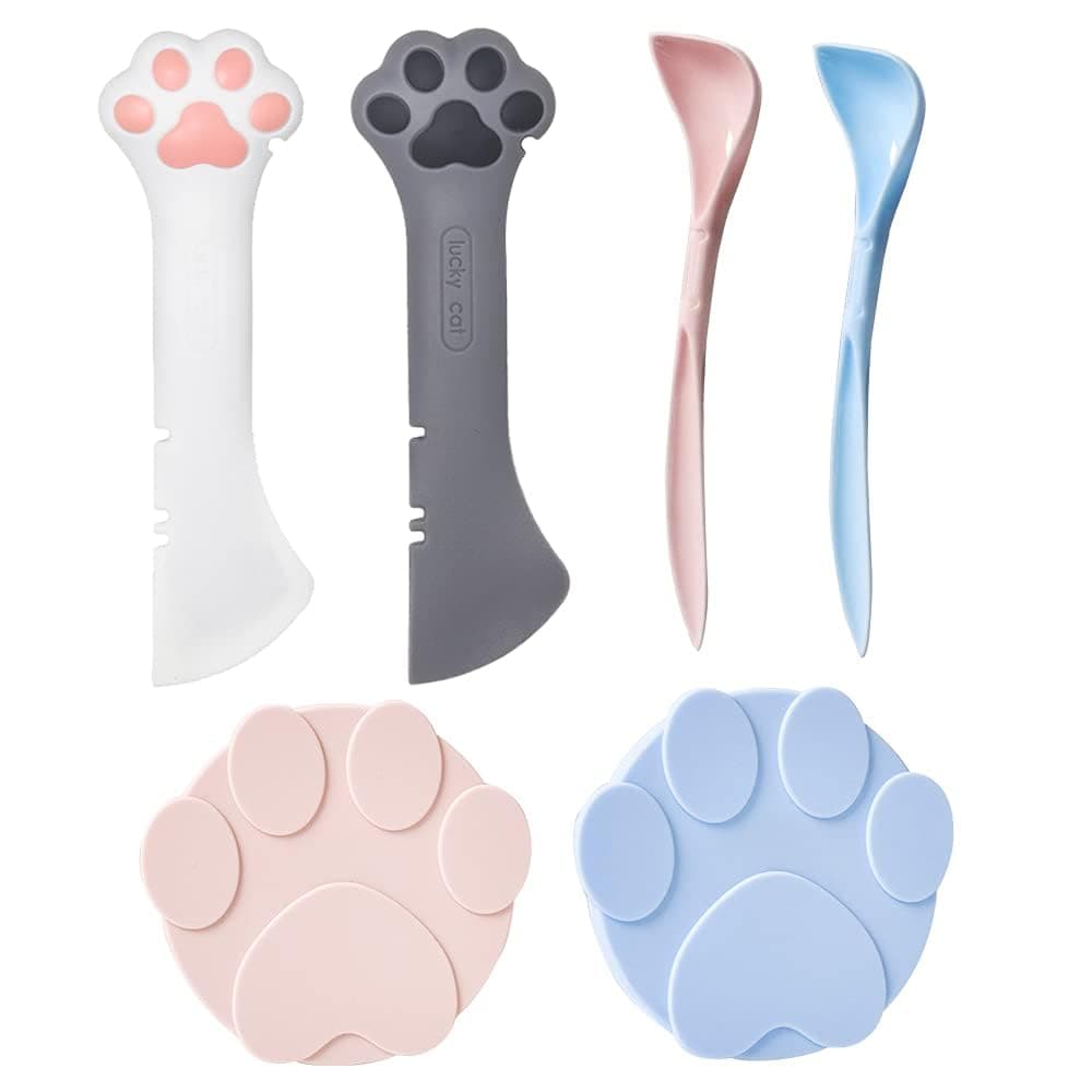 Pet Food Can Supplies Set, 2Pcs Universal Silicone Airtight Cat & Dog Can Covers, 2Pcs Multifunctional Can Opener Spatulas and 2Pcs Durable Dog Food Spoons for Pets Dogs Cats Feeding Can (6Pcs)