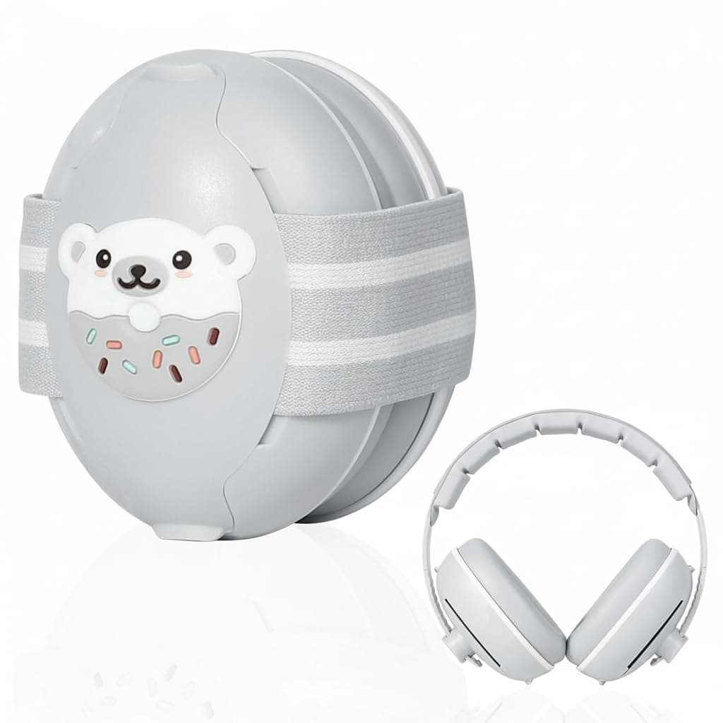 Baby Noise Protection Headphones, 2-in-1 Adjustable Ear Muffs & Headband with Cute Bear Design, 25dB NRR Sound Reducing Earmuffs for Airplane Travel, Sleep, Festivals, 0-60 Months (Gray)