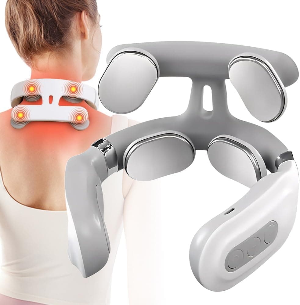 Electric Neck Massager with Heat, Portable 4 Head Cervical Spine Massage for Shoulder Pain Relief, 6 Modes & 16 Intensity Levels, USB Rechargeable Neck Relax Massager for Home Office Travel