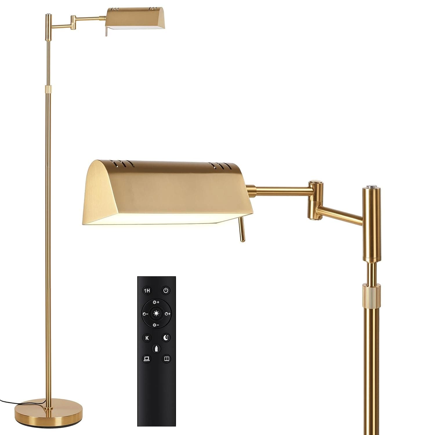 SUNMORY Dimmable LED Pharmacy Floor Lamps, 16W/1500LM Bright Reading Lamp | Remote Touch Control, 350°Swing Arm, Adjustable Height, Task Craft Tall Standing Light for Living Room Bedroom Office, Gold