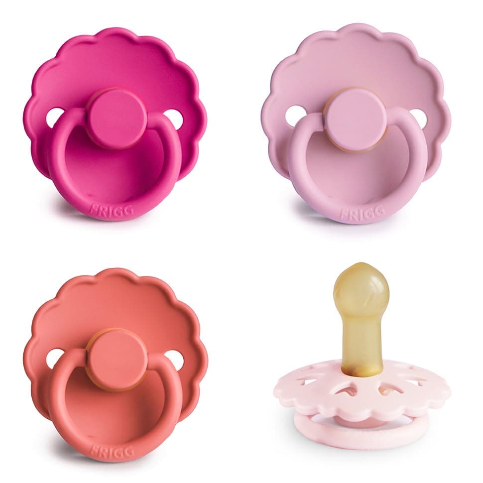 FRIGG Multipack Latex Dummies, Pack of 4, Natural Rubber/Natural Rubber, Made in Denmark, Symmetrical Cherry Teat (Rosy Romance, Size 2 (6-18 Months))
