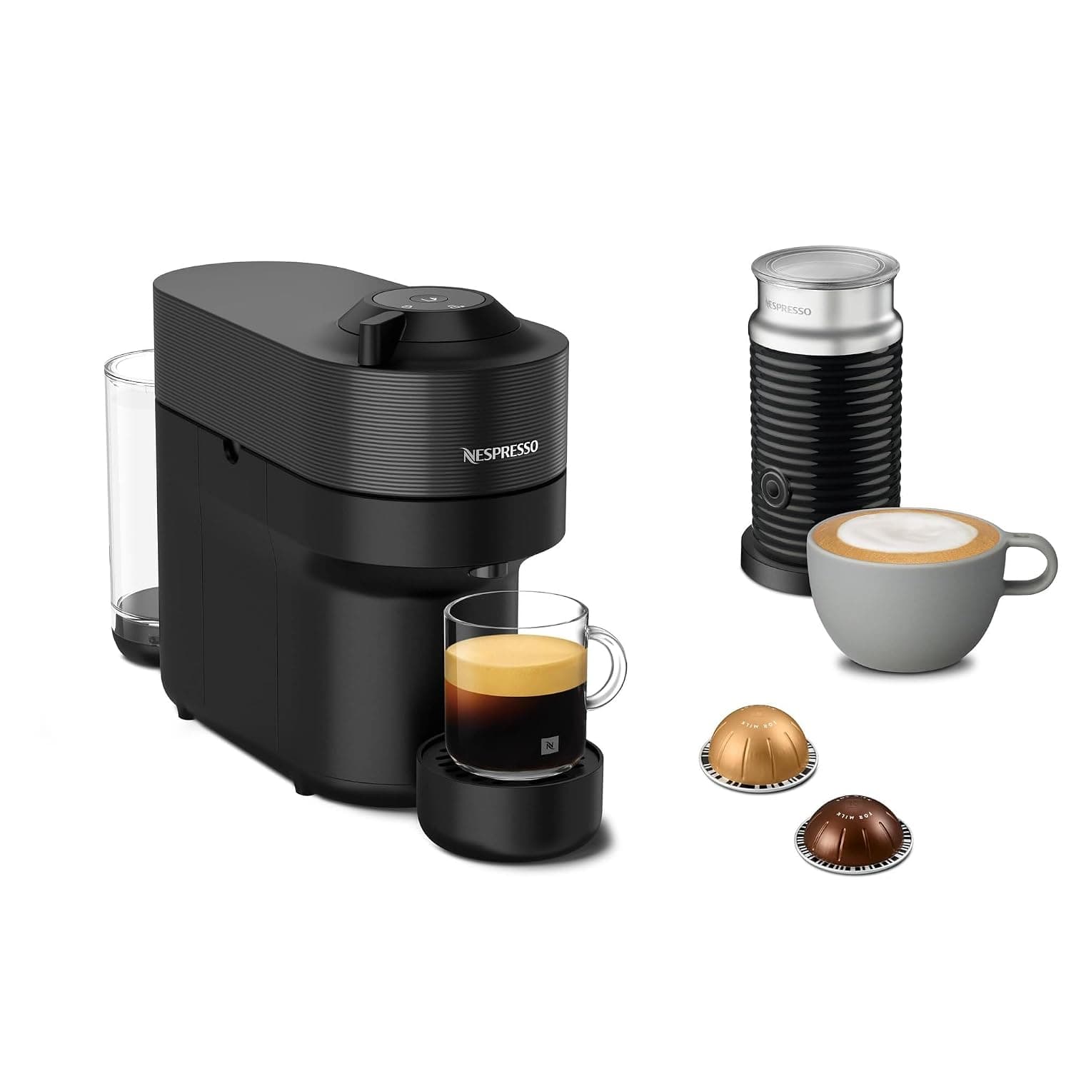 Nespresso Vertuo Pop GDV2 Capsule Coffee Machine, With Aeroccino 3 Milk Frother for Cappuccino & Latte, Brews 6 Cup Sizes for Black Coffee, 0.6 L, Black