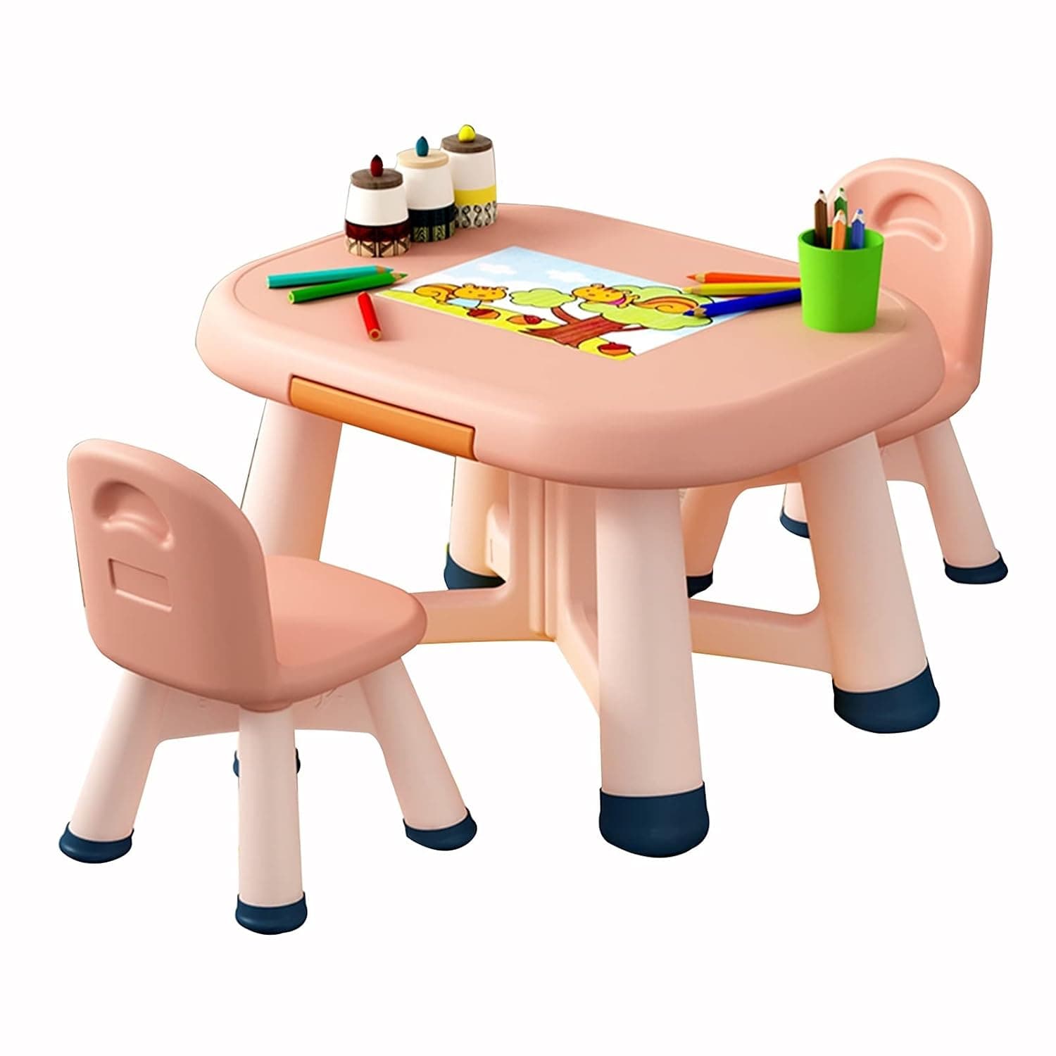 Set Children’s Table with 2 Stackable Chairs, Suitable for Painting, Reading Plastic Tables, No Need to Assemble, Can Bear 20kg (Color : Pink)