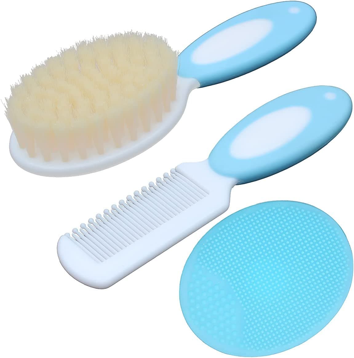 3 Pcs Baby Hair Brush,Silicone Cradle Cap Brush,Plastic Hair Comb Set for Newborn, Baby and Toddlers,Soft Bristles Baby Brush,Non-Scratch Rounded Teeth Comb,Ideal for Exfoliate and Massage (Blue)