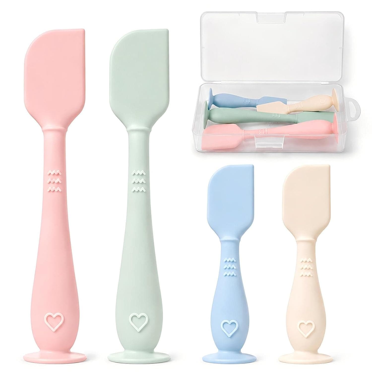 4-Pack Diaper Cream Spatula with Case, Soft Diaper Rash Cream Applicator | Soft food-grade silicone diaper cream spatula set for diaper rash cream application, 2 sizes, 4 colors, suction bases & case