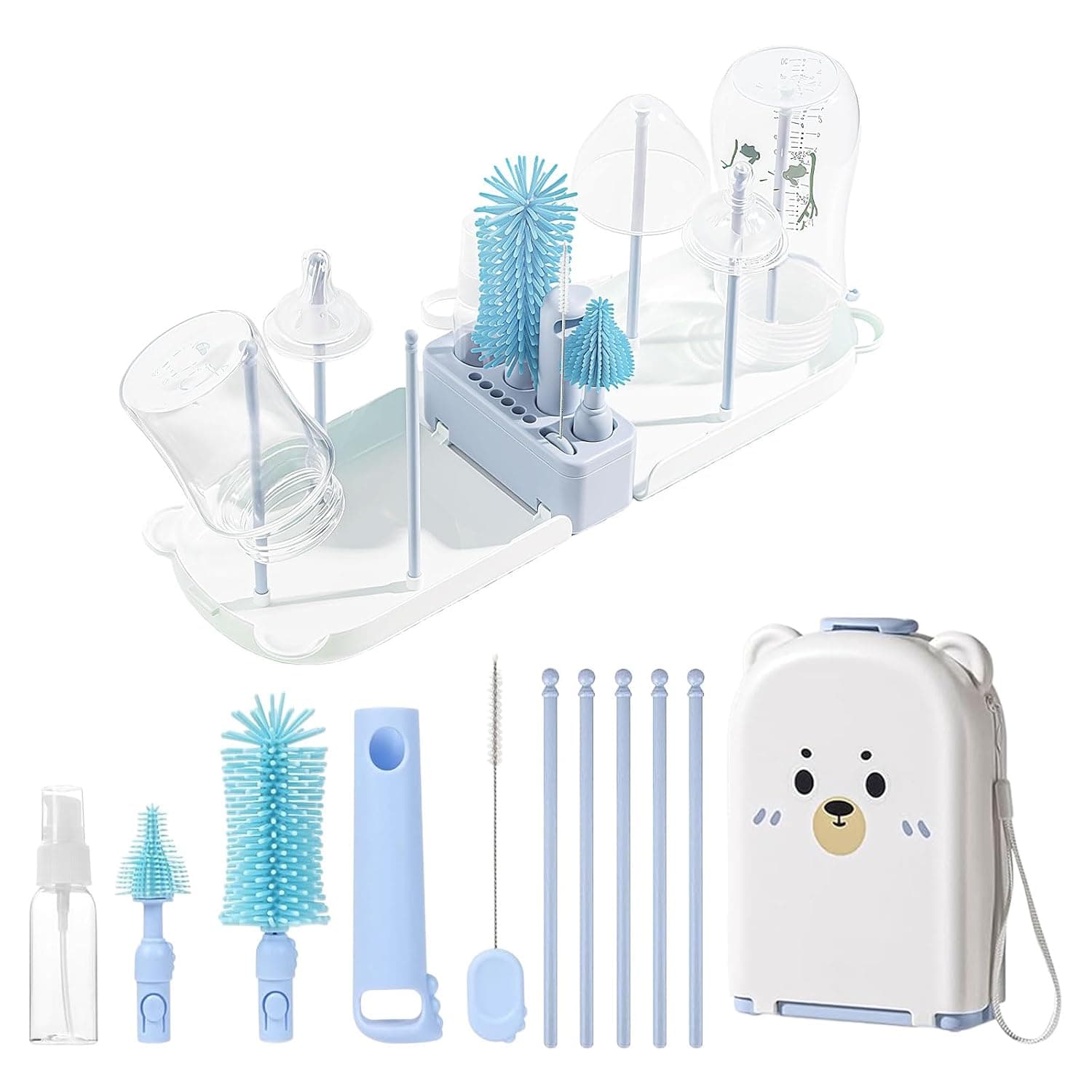 Baby Bottle Brush, Quick-Drying Bottle Holder Set for Baby Travel Essentials with Silicone Bottle, Straw Brush (Blue)