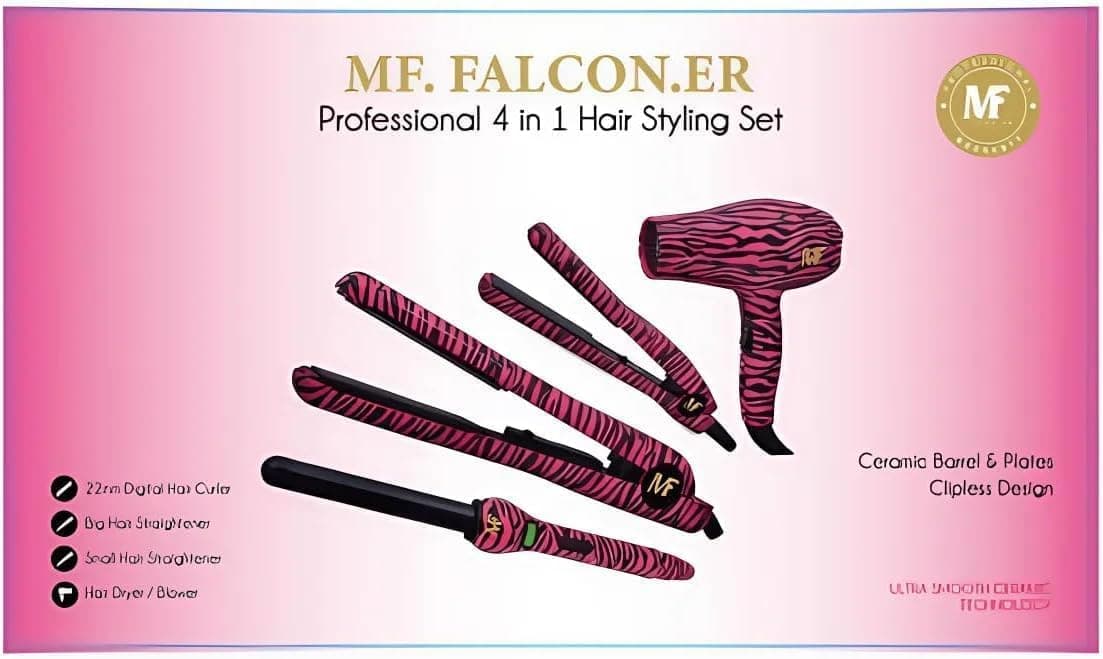 مجموعة مكواة شعر متعددة الوظائف 4 في 1 - تشمل أداة تجعيد 22 مم، مملس شعر كبير، أداة غلق صغيرة، ومجفف شعر احترافي بدرجات حرارة قابلة للتغيير.، سيراميك
