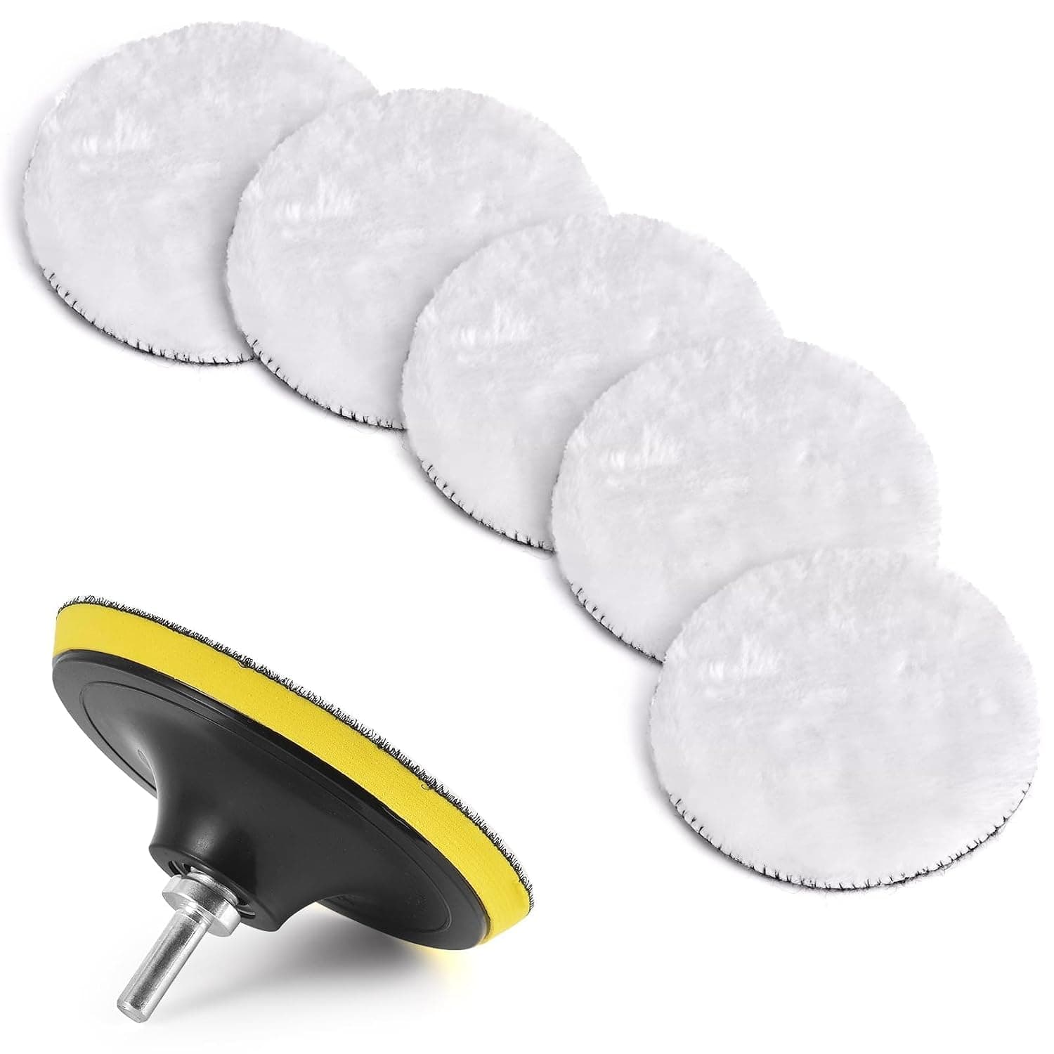 X spring Polishing Buffing Wheel, Premium 5 Inch Wool Pads Set of 7, 125mm Polishing Disc Kit with M14 Drill Adapter, for Car Care and Auto Detailing, Multi Surface Use on Glass Stone Furniture