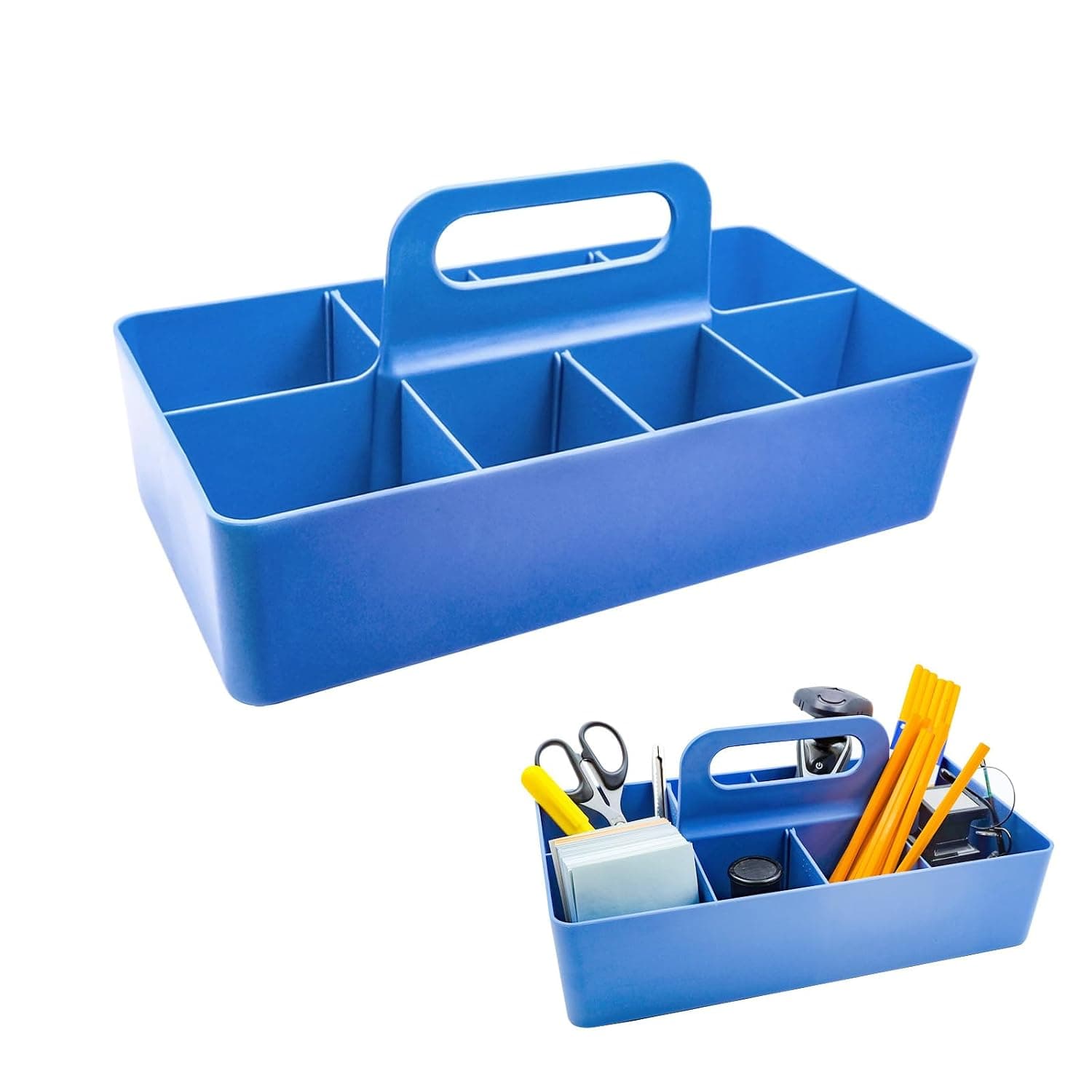New Plastic Portable Makeup Organizer Caddy Tote Divided Basket Bin with Handle, DIY Divider, 8 Compartments - Office Supplies Organizer -Blue